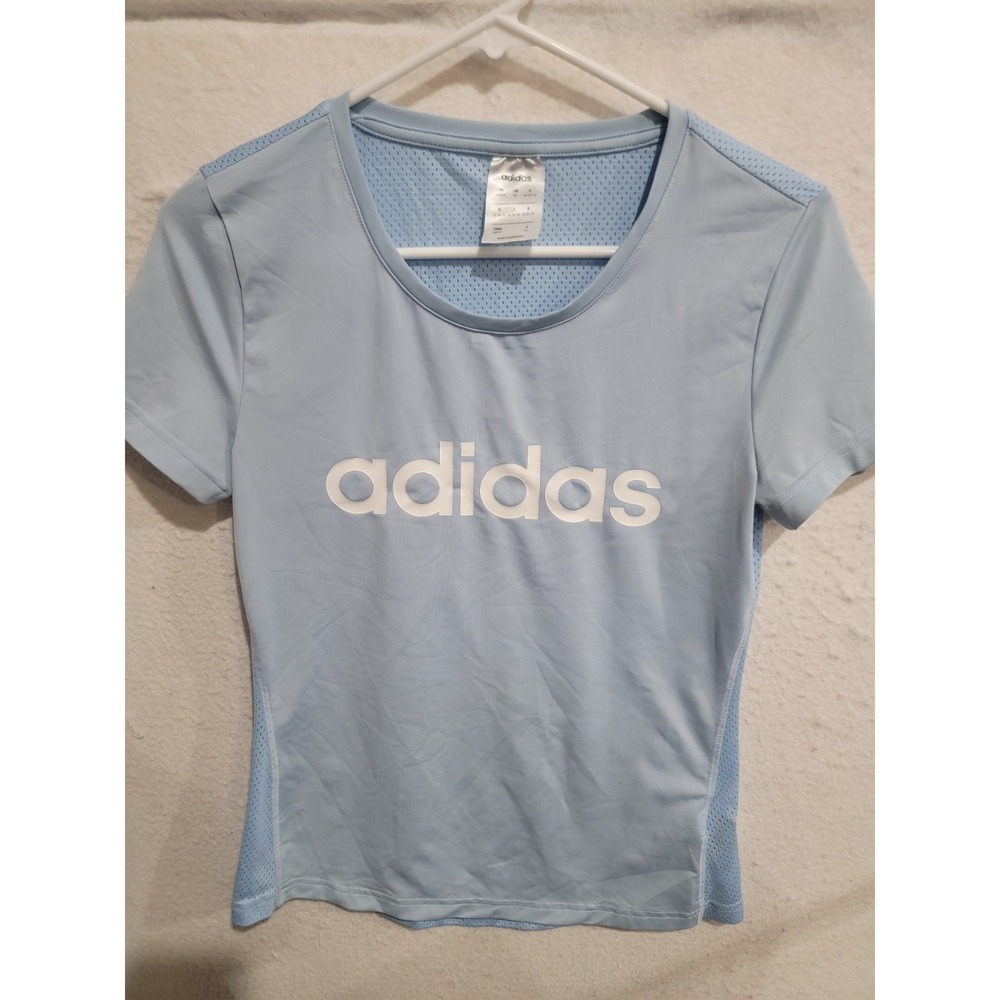 Adidas Womens XS Light Blue Mesh Back Training Tee Performance Shirt EI4839